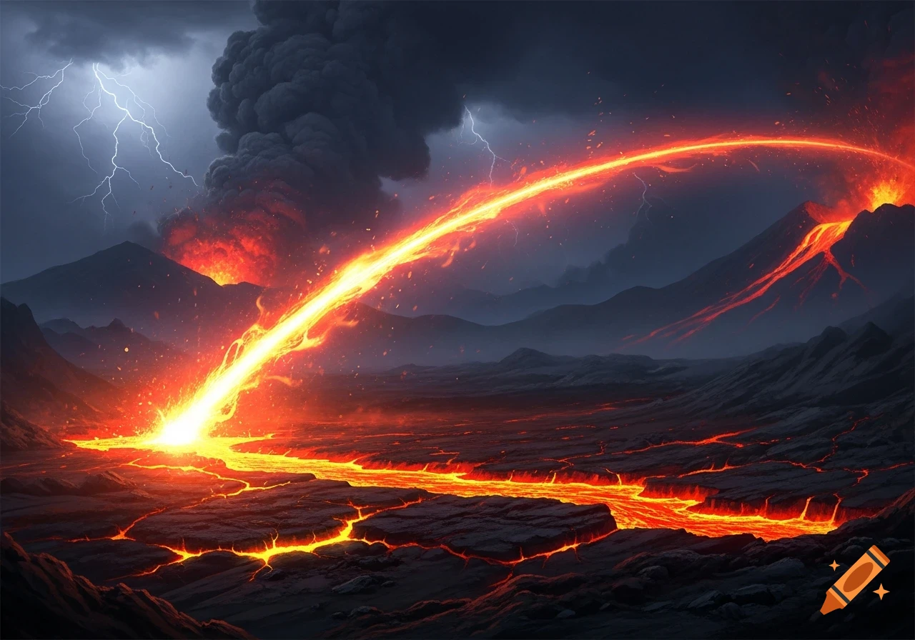 A dramatic fantasy landscape with a bright magma beam arcing over erupting volcanoes, lightning, and lava flows.