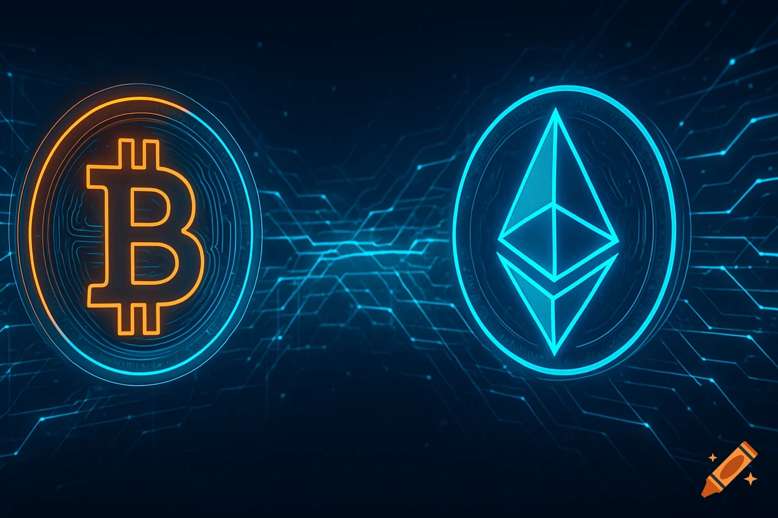 Neon Bitcoin and Ethereum cryptocurrency symbols glowing blue and orange against a dark, circuit board background.