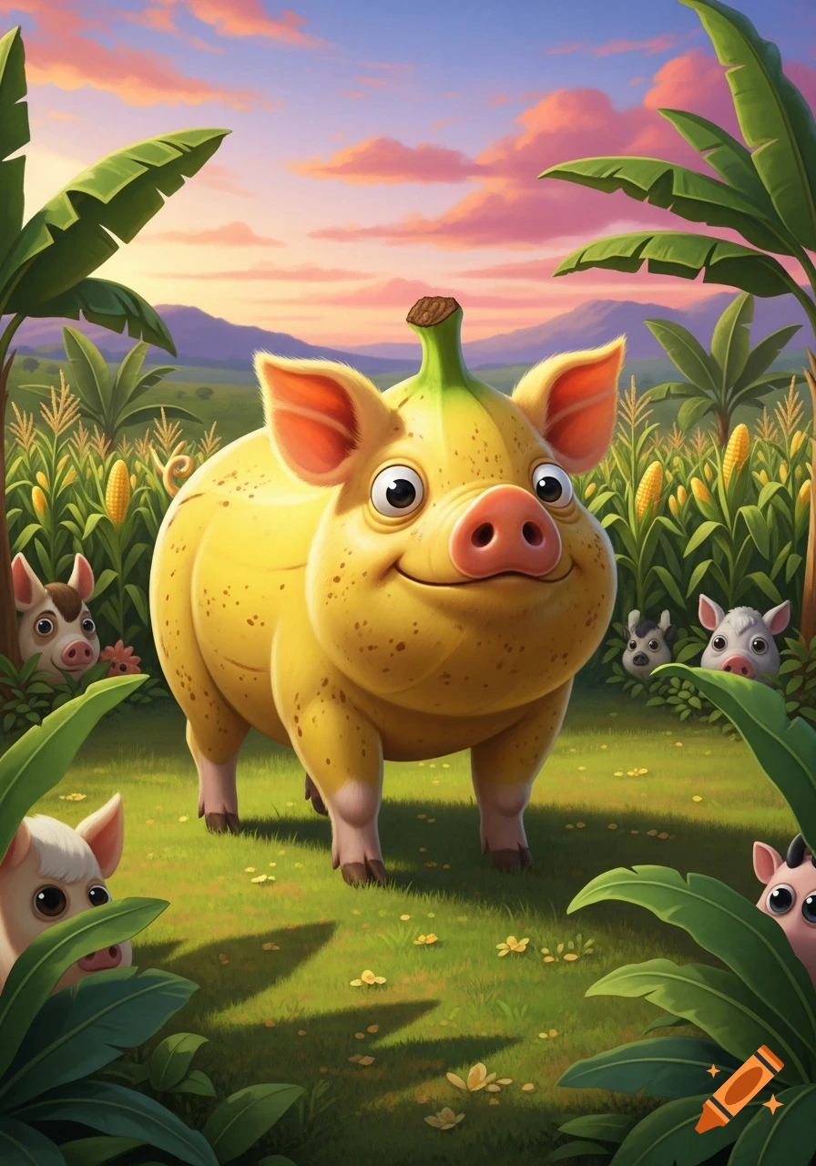 A happy, cartoon banana-pig stands in a vibrant green field with corn and banana leaves under a sunset sky, with small pigs peeking from the foliage.