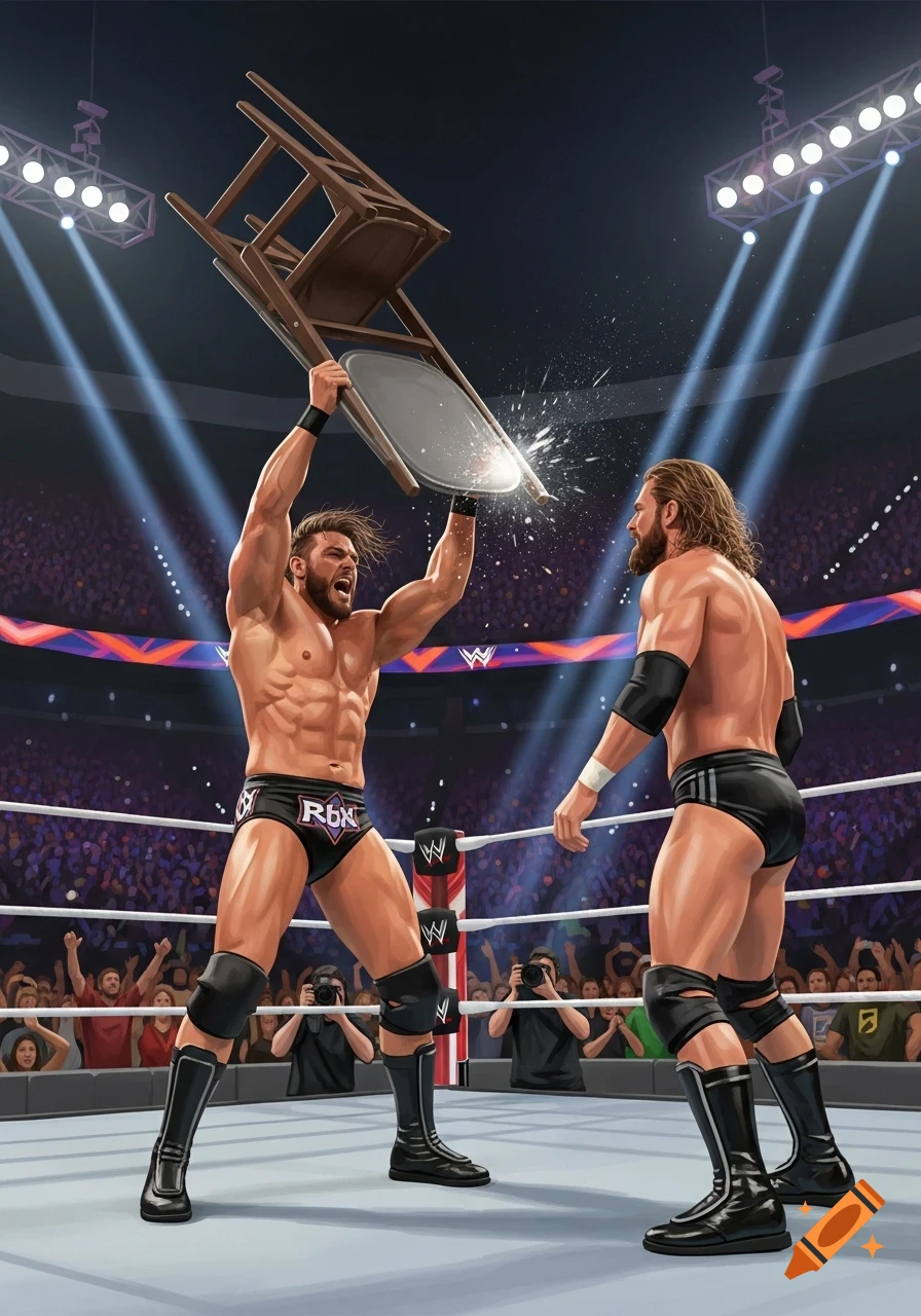 A stylized illustration shows two muscular wrestlers in a ring, one prepares to strike the other with a chair.