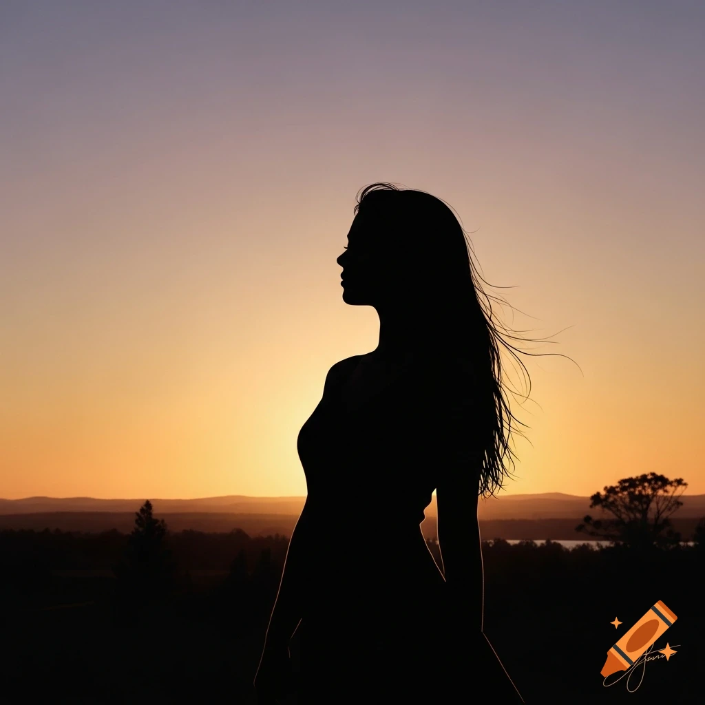 A striking silhouette of a woman with long, flowing hair against a vibrant orange and purple sunset over a distant landscape.