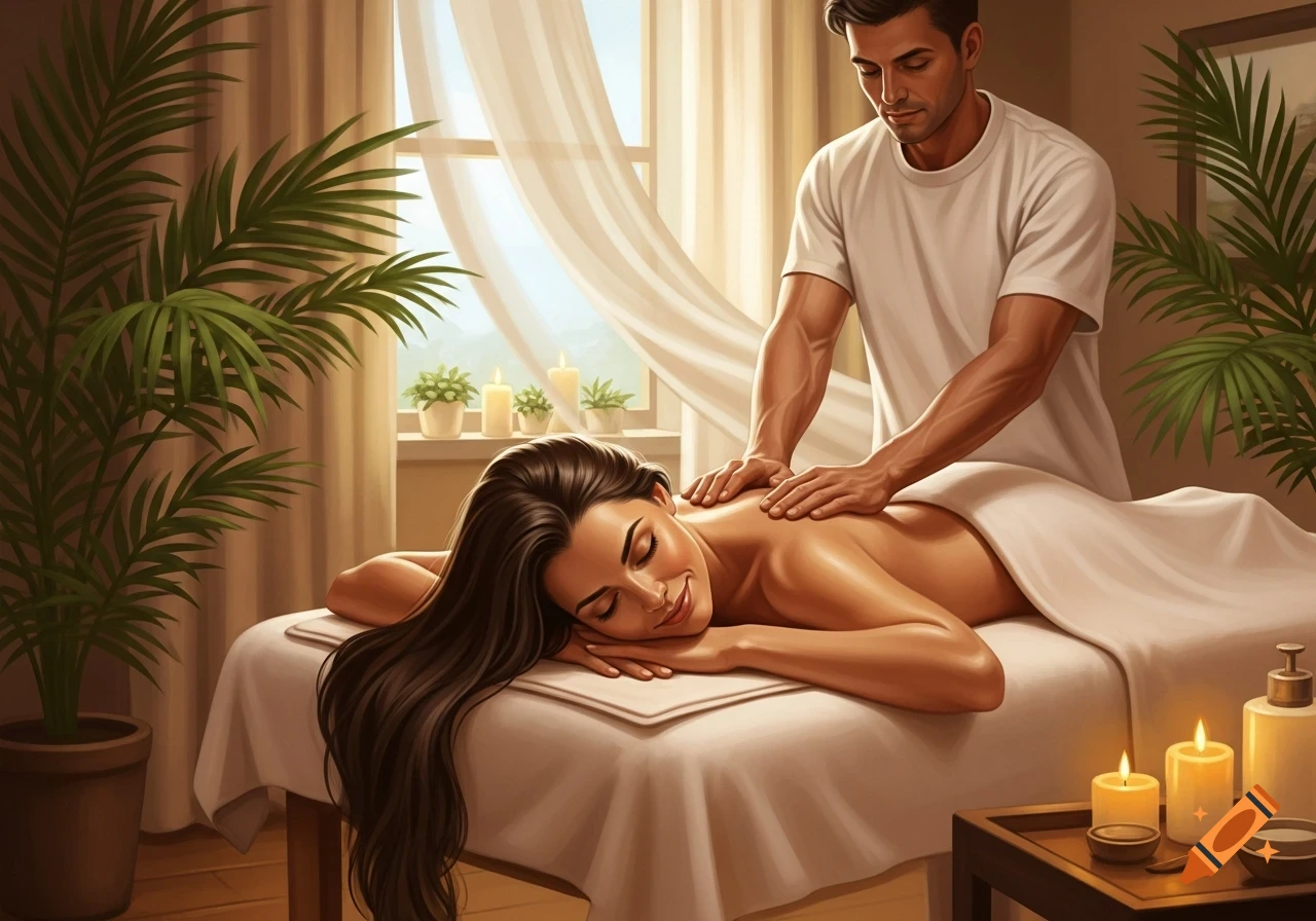 A smiling woman receives a back massage from a man in a serene spa room with plants and candles, in a stylized illustration.