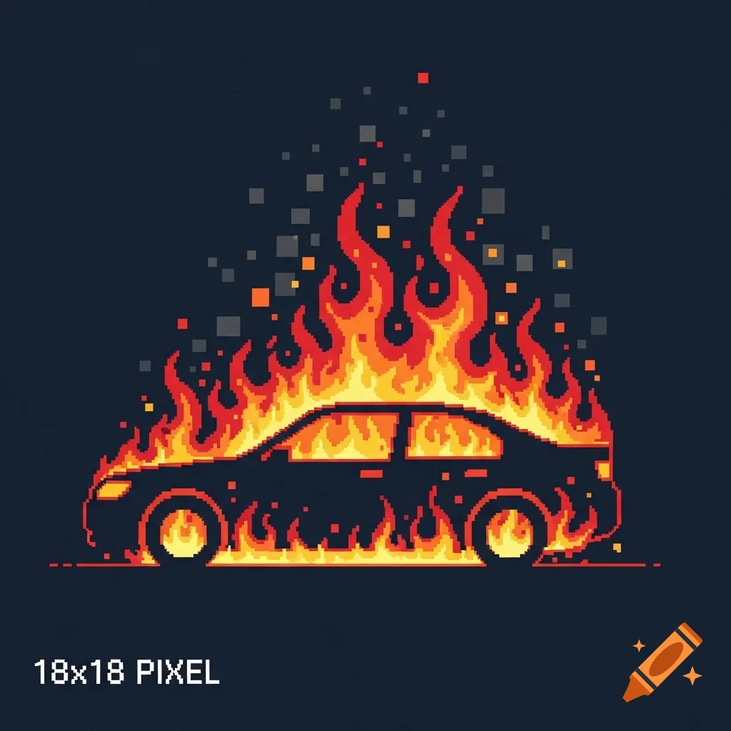A pixel art illustration of a black car engulfed in bright orange and yellow flames against a dark background, with "18x18 PIXEL" text.