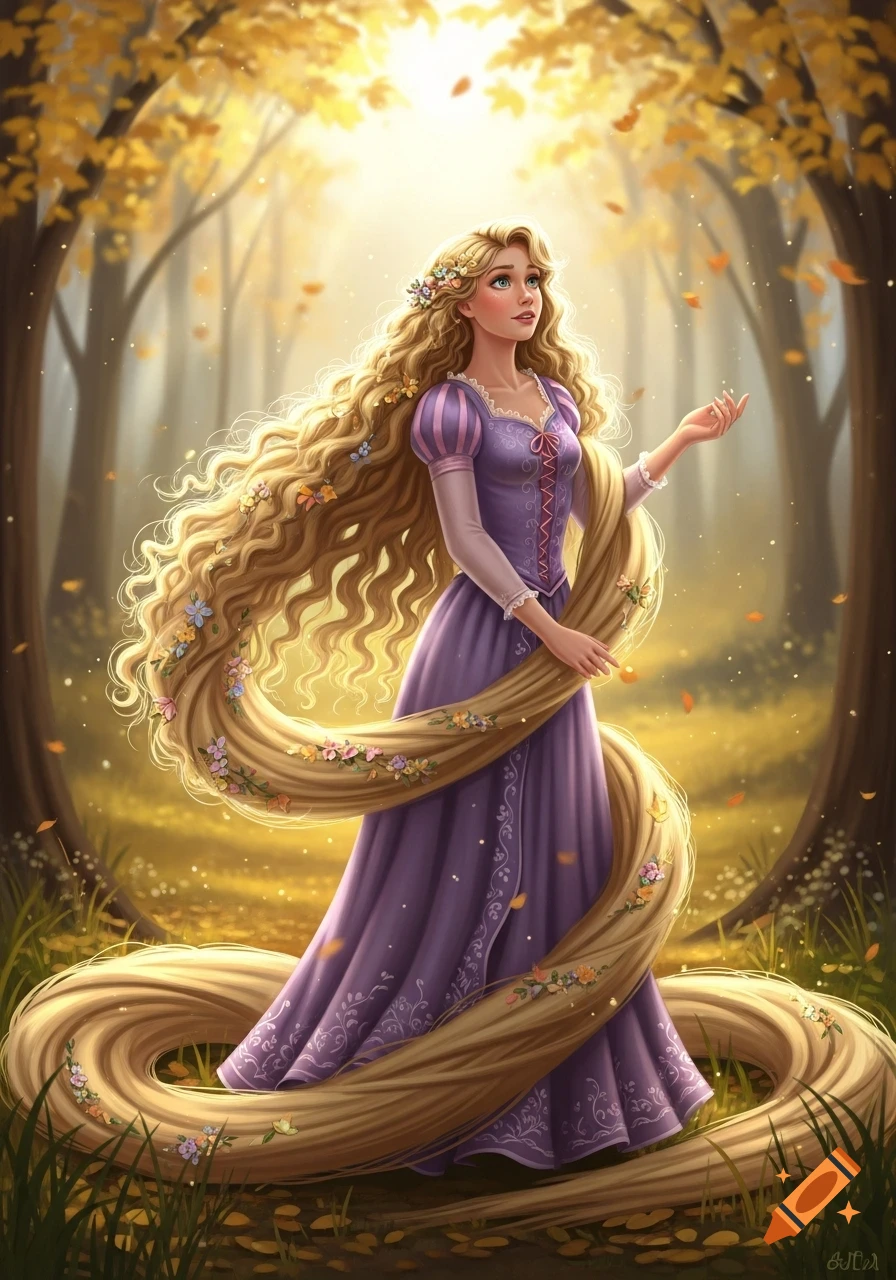 Fantasy illustration of a long-haired girl in a purple dress, with her blonde hair adorned with flowers, standing in a sunlit autumn forest.