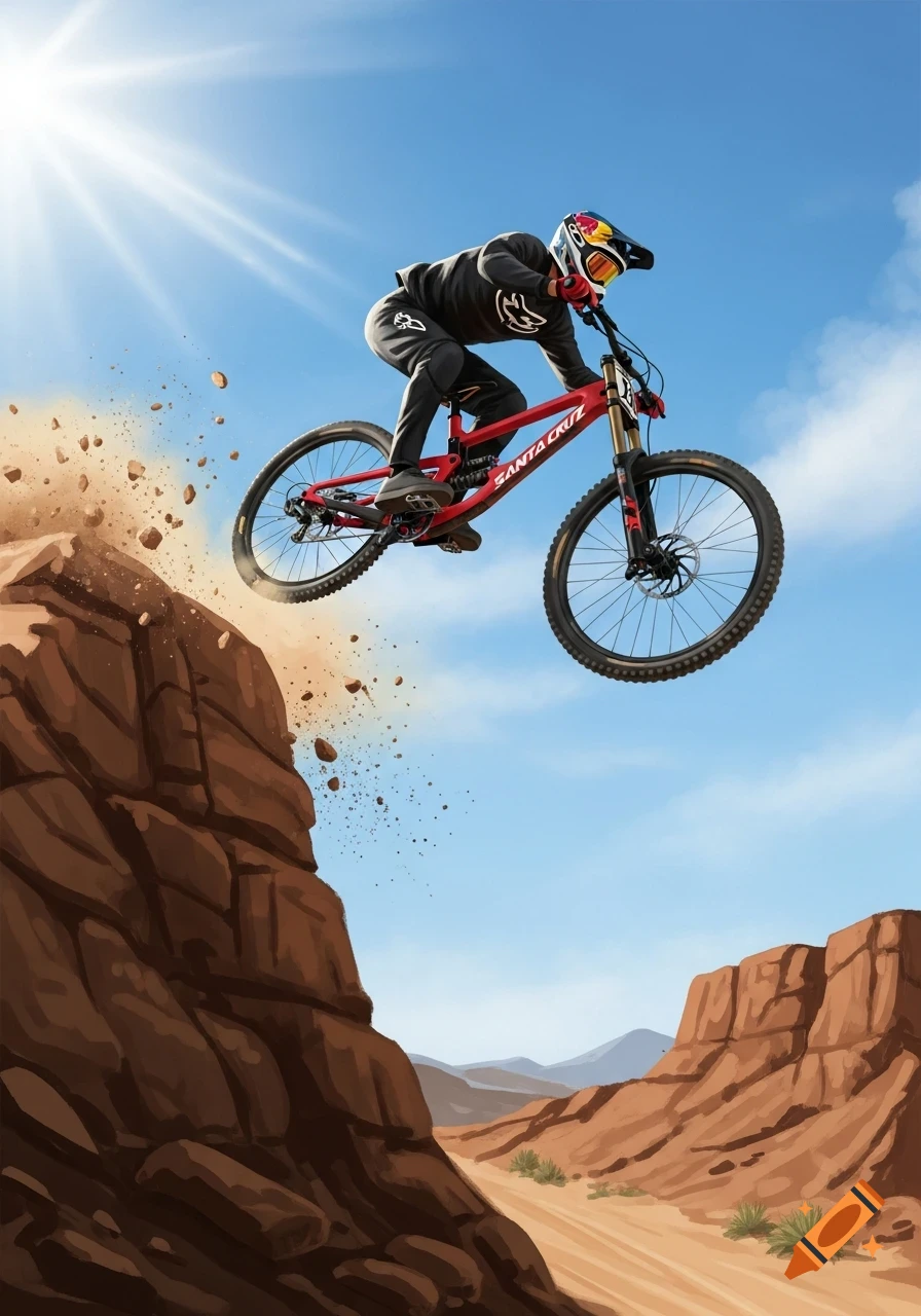 A stylized illustration of a mountain biker on a red Santa Cruz V10 bike, mid-air after jumping a rock cliff in a desert landscape under a sunny blue sky.