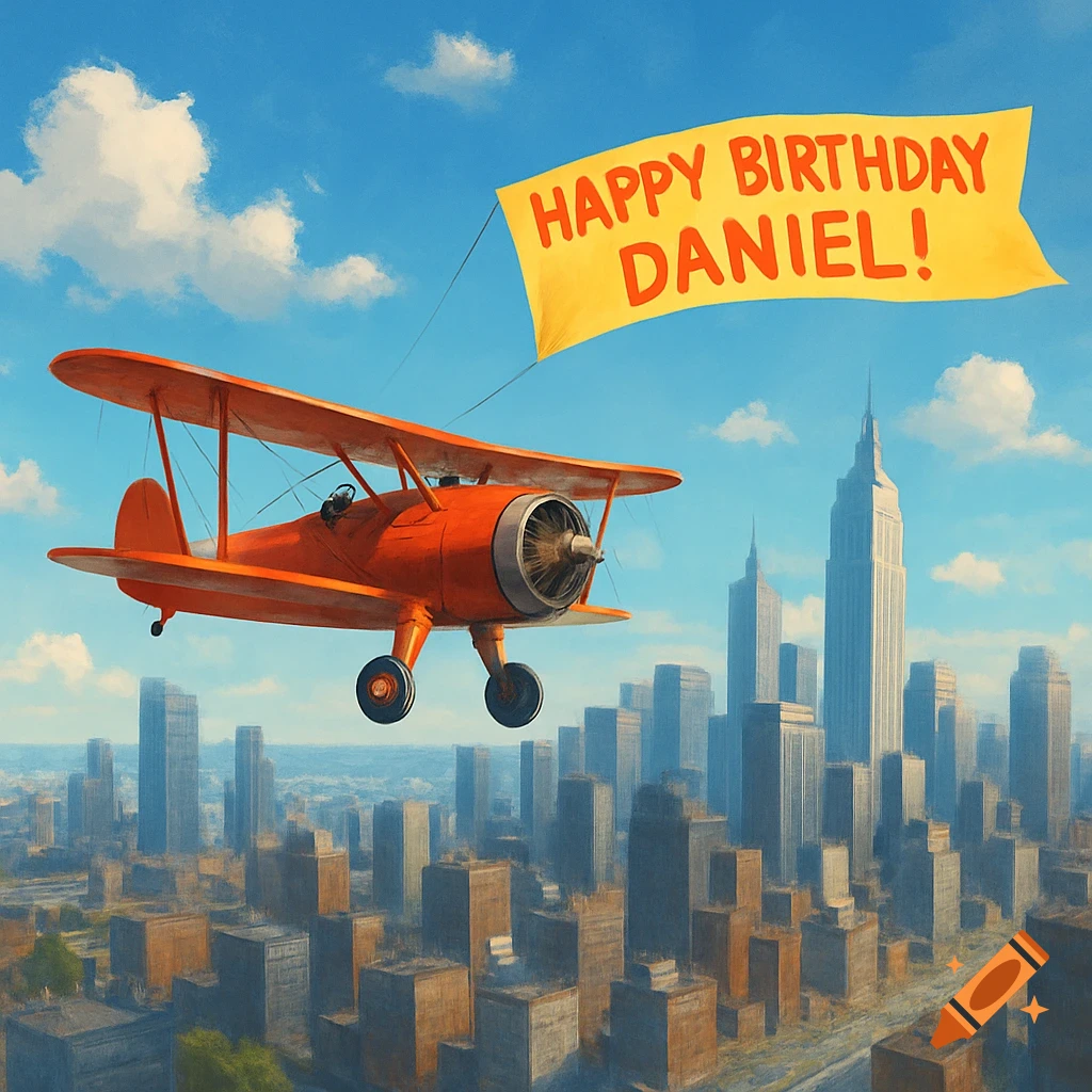 A red biplane flies over a city, pulling a yellow banner that reads 'Happy Birthday Daniel!' against a blue sky.