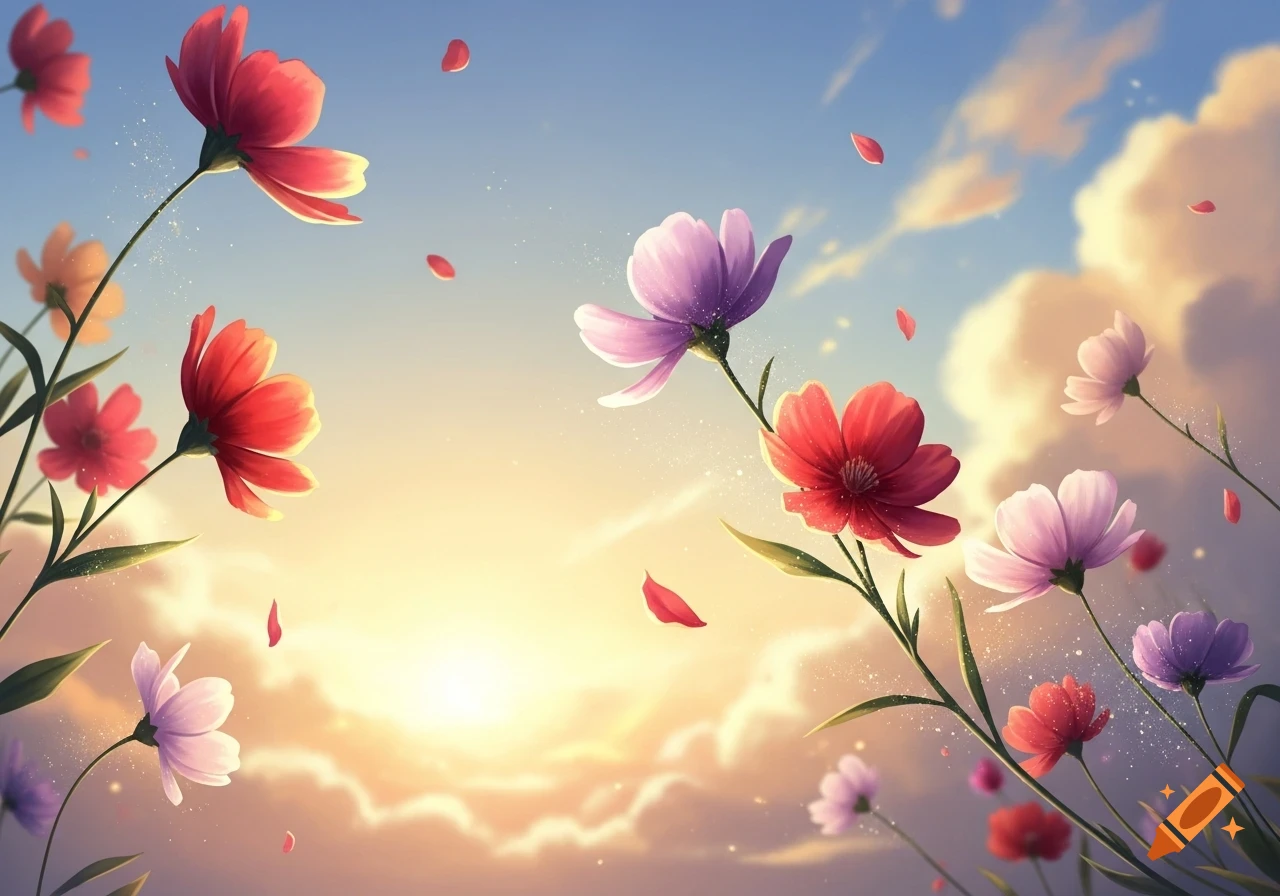 Vibrant red and purple flowers with green stems float against a warm sunset sky with fluffy clouds and falling petals in a stylized illustration.