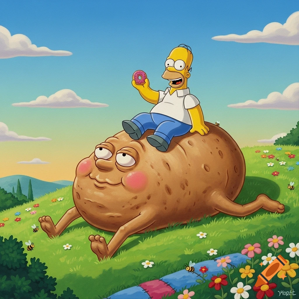 Cartoon Homer Simpson sits on a large, smiling potato on a green hill with flowers under a blue sky.