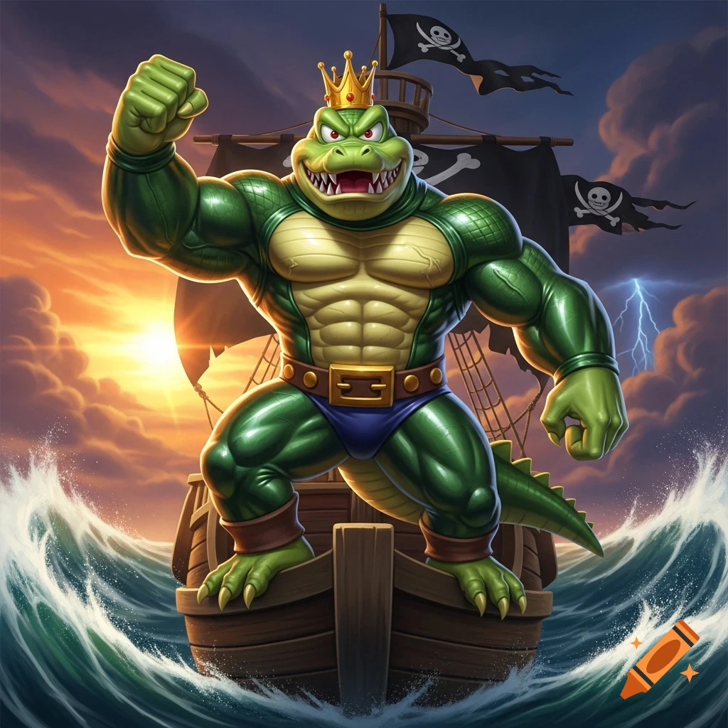King K. Rool, a muscular green crocodile king, flexes on a pirate ship during a stormy sunset, with a lightning bolt.