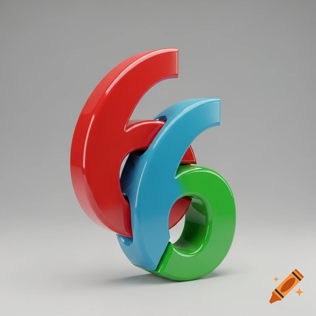 Three glossy, interlocked 3D numbers '6' in red, blue, and green, against a soft grey background.