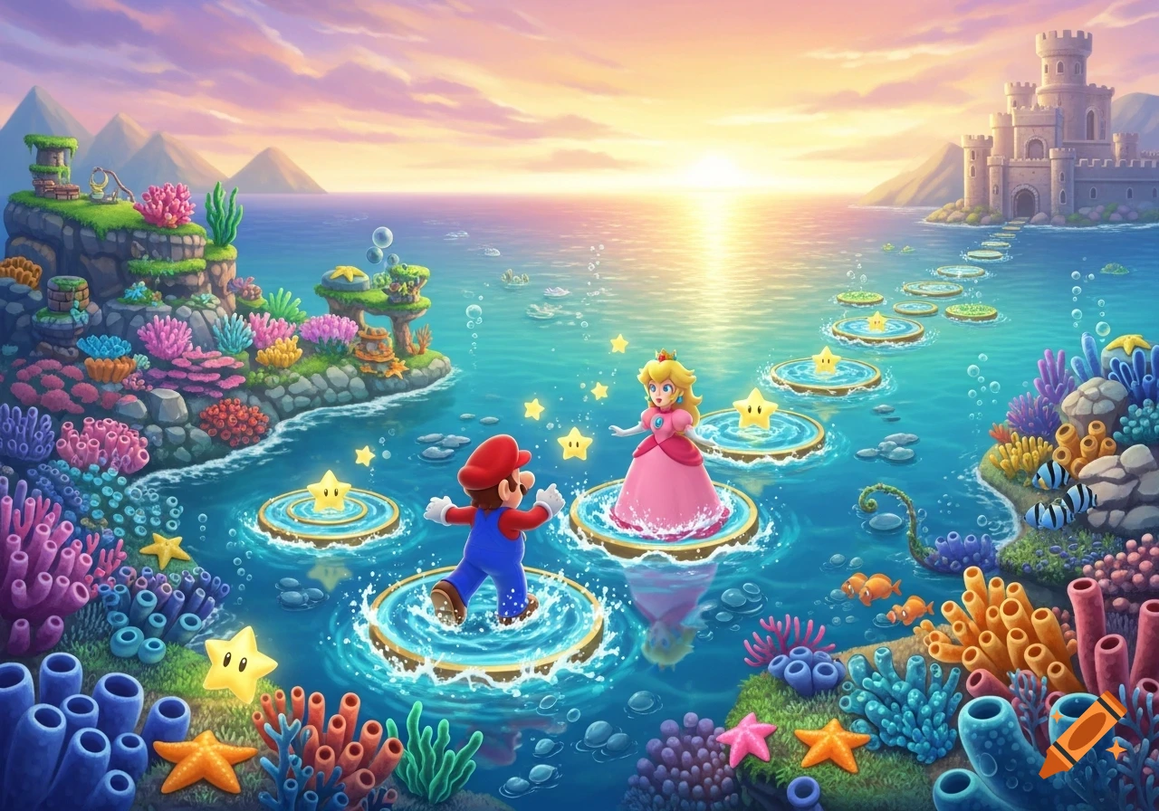Super Mario and Princess Peach on floating platforms collecting stars in a vibrant, colorful sea leading to a castle, at sunset.