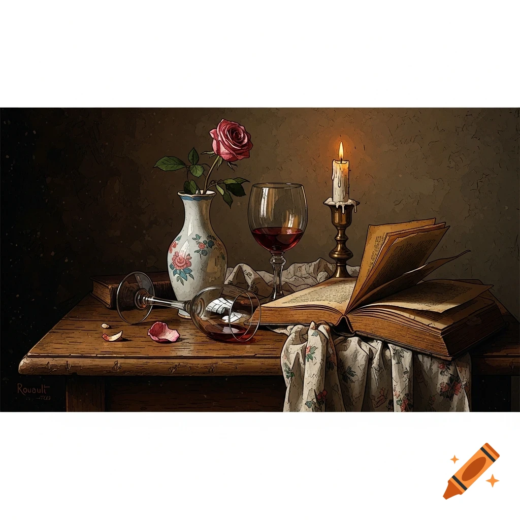 A still life painting in the style of Rouault featuring a rose in a vase, wine glasses, an open book, and a lit candle on a wooden table.