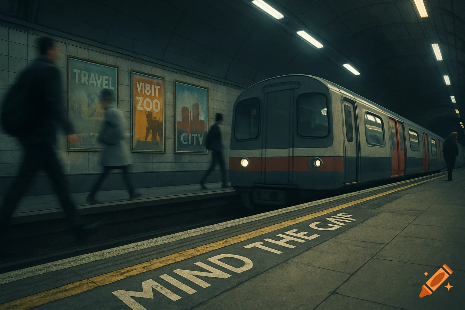 A long exposure shot of a subway station with a train pulling in and blurred people walking on the platform. "MIND THE GAP" is written on the platform, and posters line the wall.
