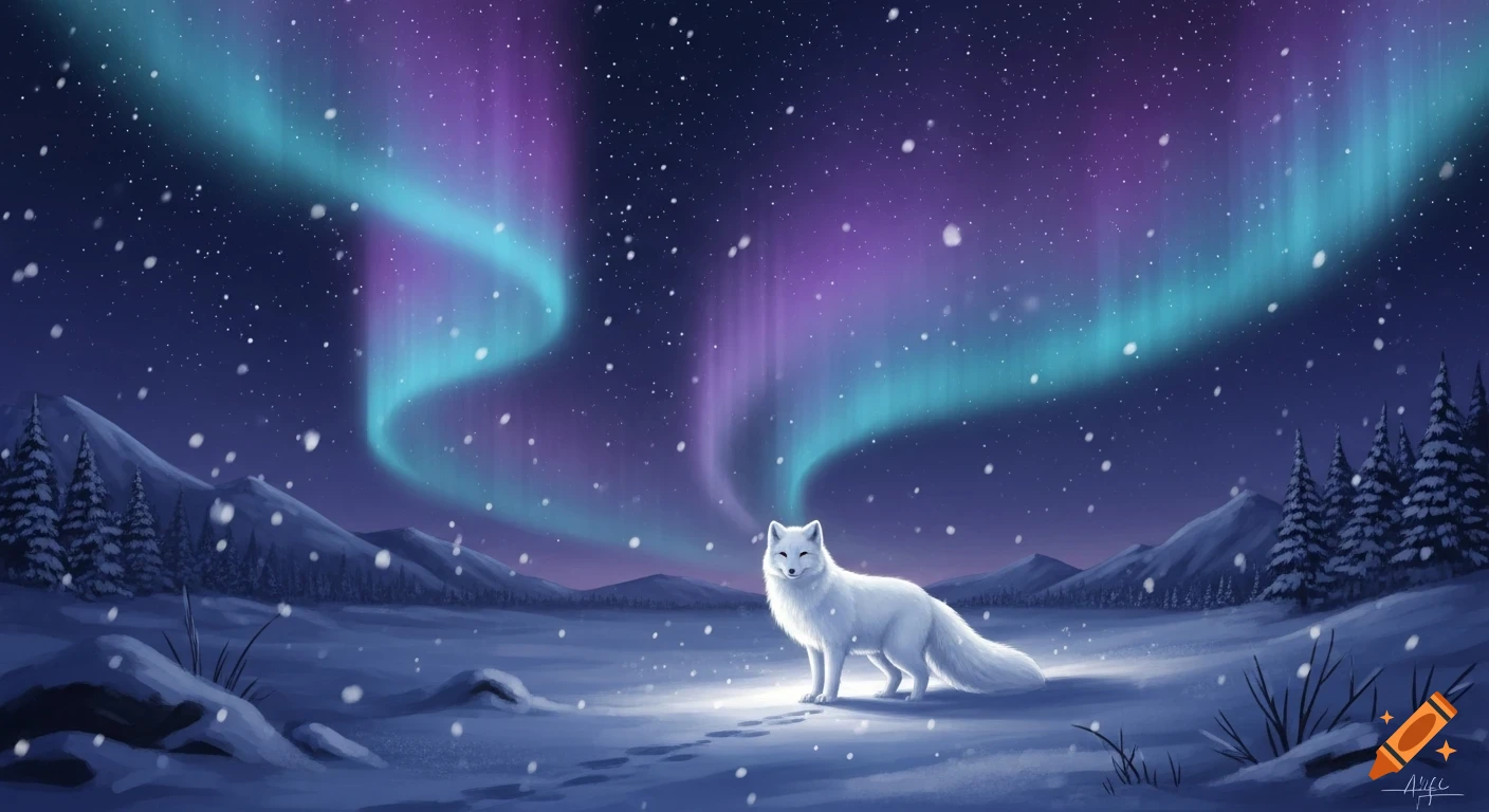 A white fox stands on snowy ground under a vibrant purple and teal aurora borealis in a painterly winter night landscape.