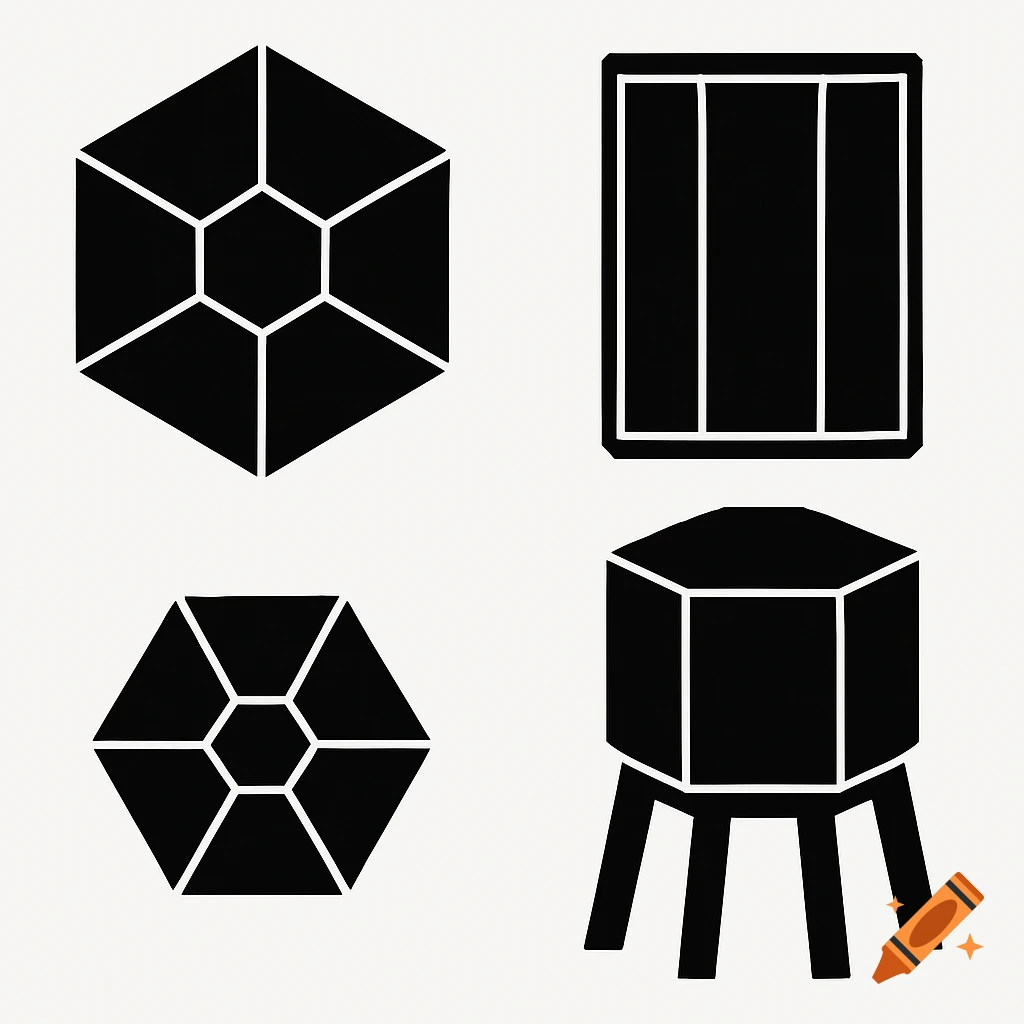 Four black and white geometric shapes, vector-style blueprints for a faceted hexagonal water tower.
