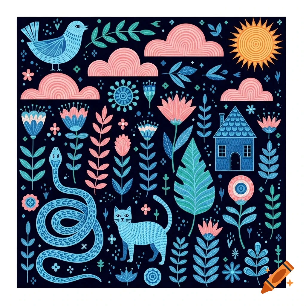 A folk art illustration featuring a blue bird, pink clouds, a yellow sun, a blue house, a coiled blue snake, a blue cat, and various blue and pink flowers and leaves on a dark background.