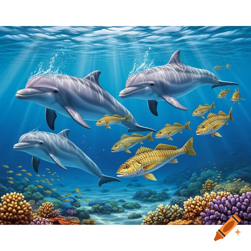 Three grey dolphins swim among schools of yellow fish and vibrant coral reefs under sunlit ocean water.
