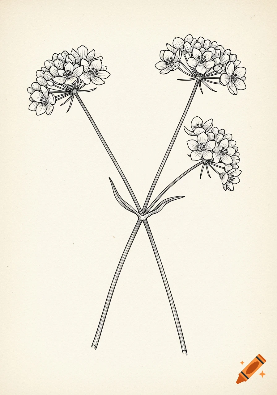 A black and white botanical illustration of three flowering plant stems with clusters of small blossoms crossing on a light background.