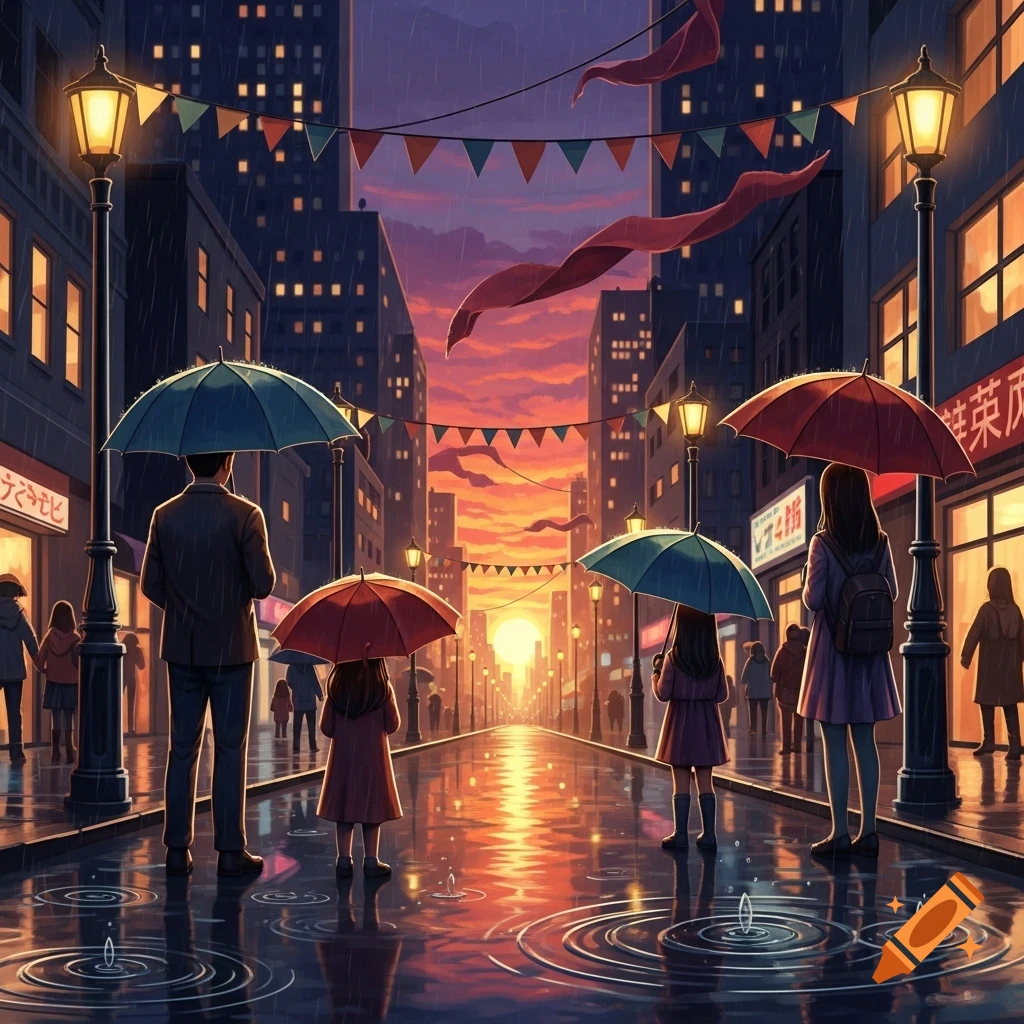 A vibrant anime-style cityscape at sunset, with rain falling on a wet street. People with umbrellas walk or stand, reflected in puddles.