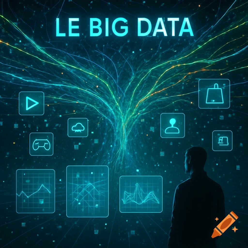 Silhouette of a person viewing a digital 'Big Data' visualization with glowing lines and icons, on a dark background.