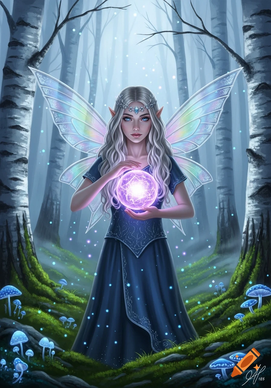 A mystical fairy with silver hair and iridescent wings in an enchanted birch forest, holding a glowing purple orb, surrounded by blue mushrooms.