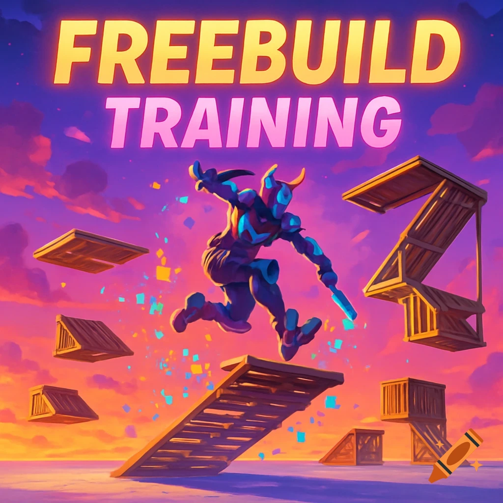 Stylized character in horned helmet jumps on a ramp with floating build structures against a sunset sky, text 'FREEBUILD TRAINING'.