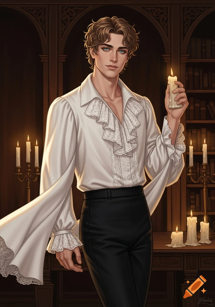 An illustrated man with curly light brown hair, wearing a white ruffled shirt and black pants, holding a lit candle in a dark room with bookshelves.
