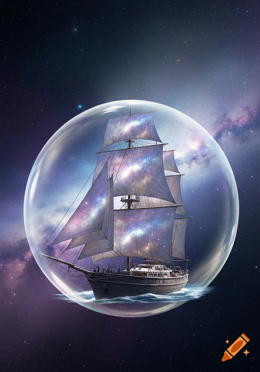 A photorealistic sailing ship with galaxy sails inside a clear bubble, floating in deep space against a starry nebula background.