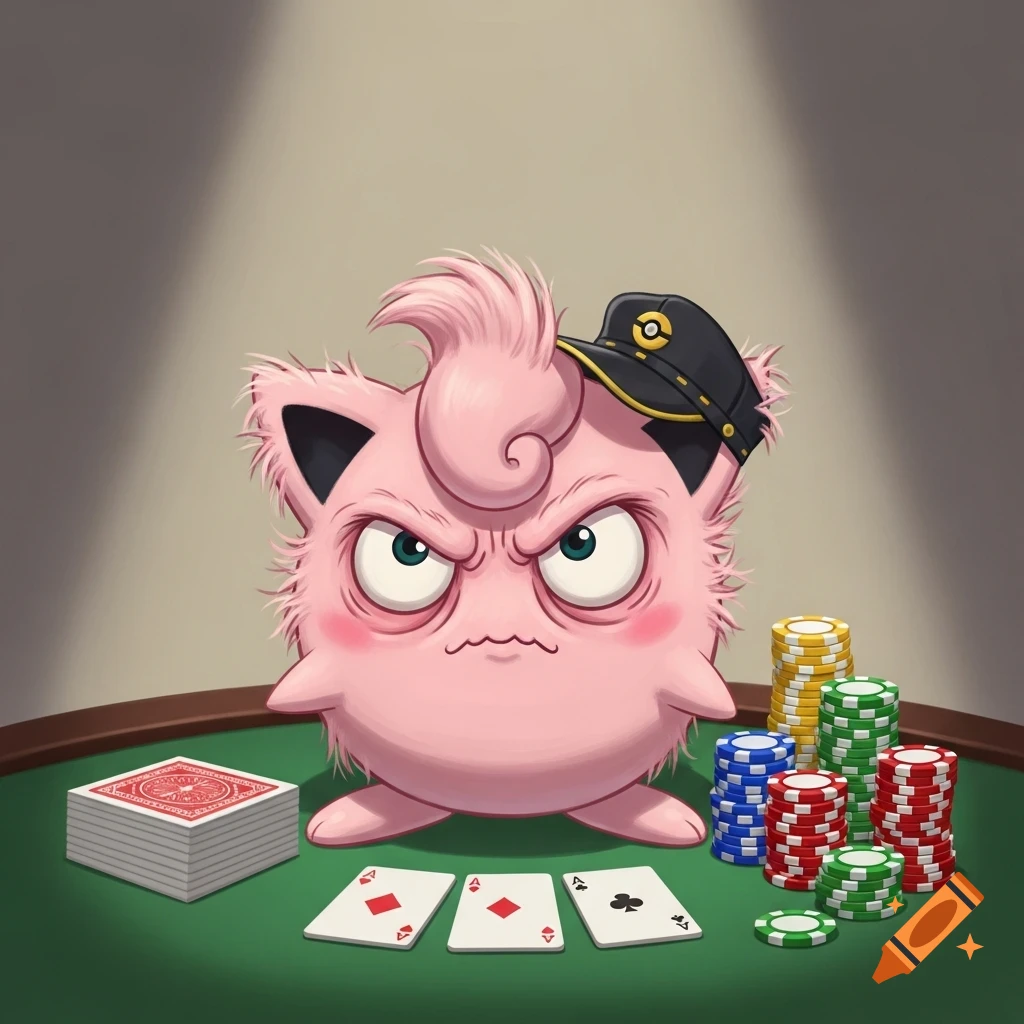 Grumpy pink Jigglypuff wearing a black cap sits at a green poker table with playing cards and stacks of colorful poker chips.