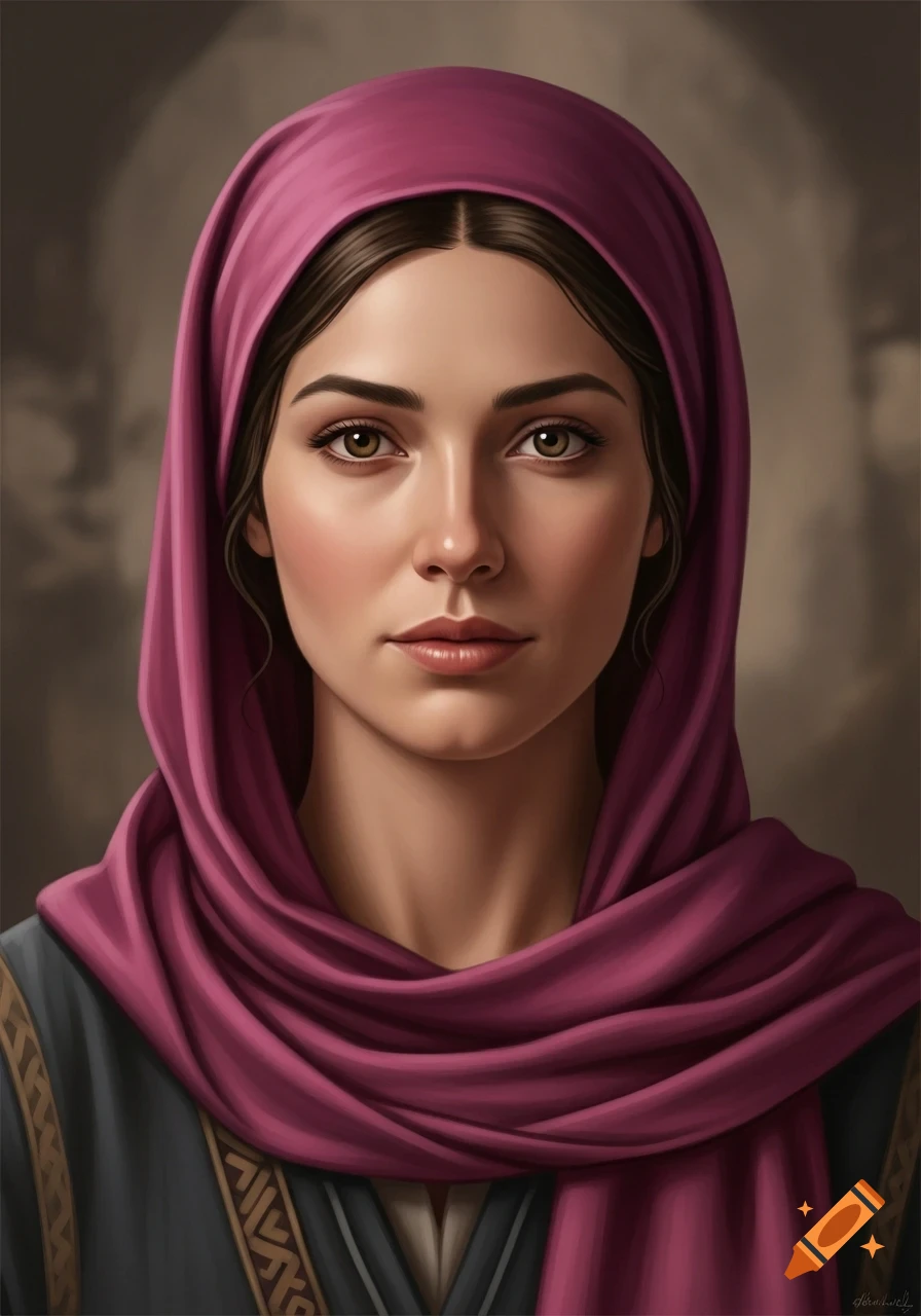 A photorealistic painting of a young woman with dark hair and brown eyes, wearing a magenta headscarf and dark, patterned traditional clothing.