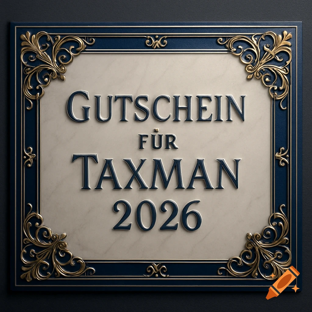 A decorative plaque with "GUTSCHEIN FÜR TAXMAN 2026" embossed in gold and blue on a marble-like background, framed by ornate gold filigree.