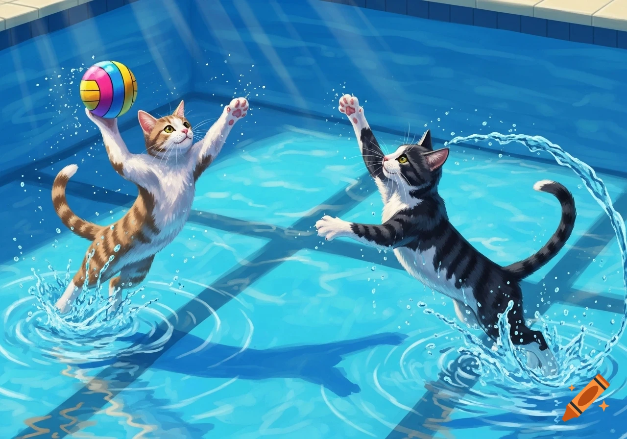 Two illustrated cats play water polo in a sunny blue swimming pool, splashing water as they jump for a colorful ball.