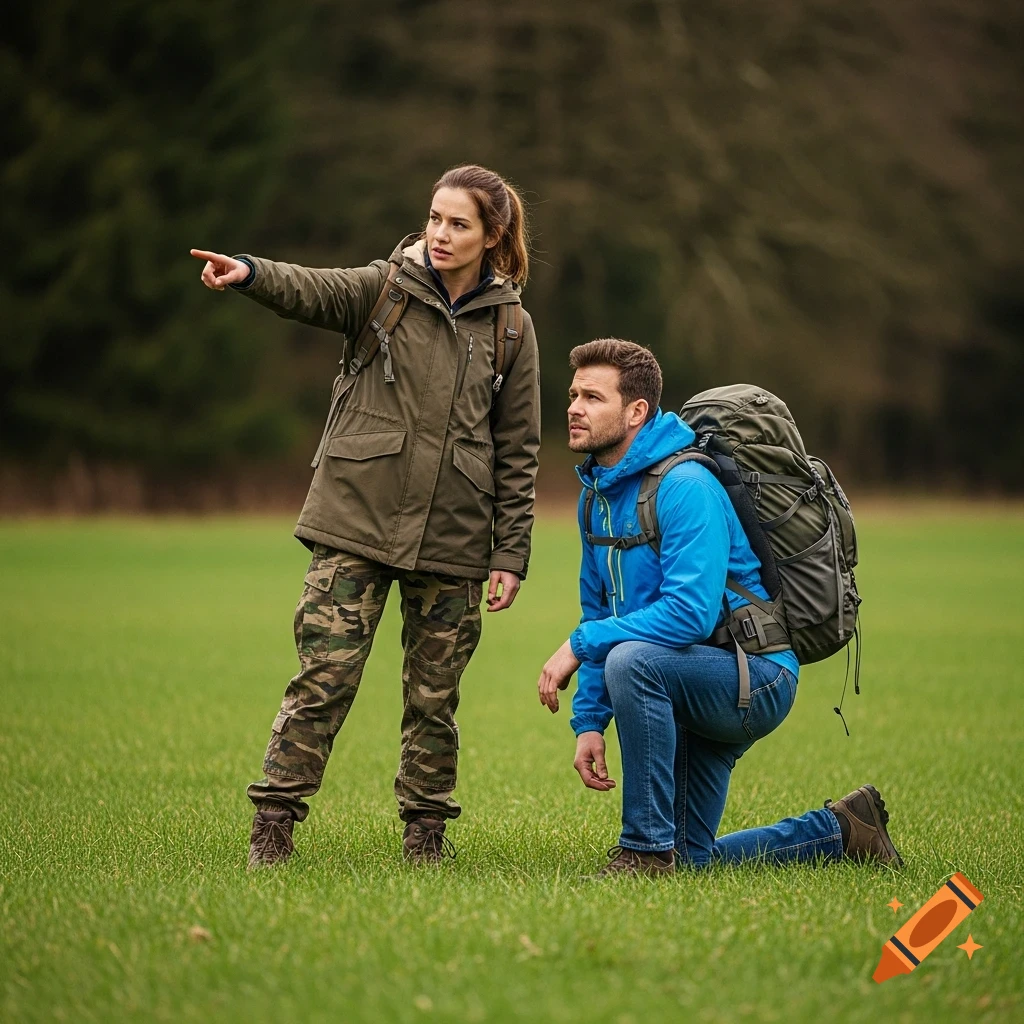 A photorealistic image of two hikers in a field, the woman pointing, the man kneeling with a large backpack.