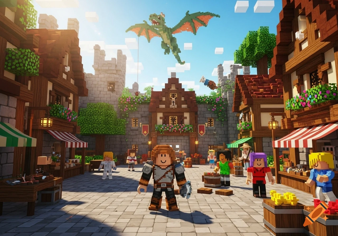 A blocky fantasy village square with medieval buildings, market stalls, pixelated characters, and a green dragon flying in the sky.