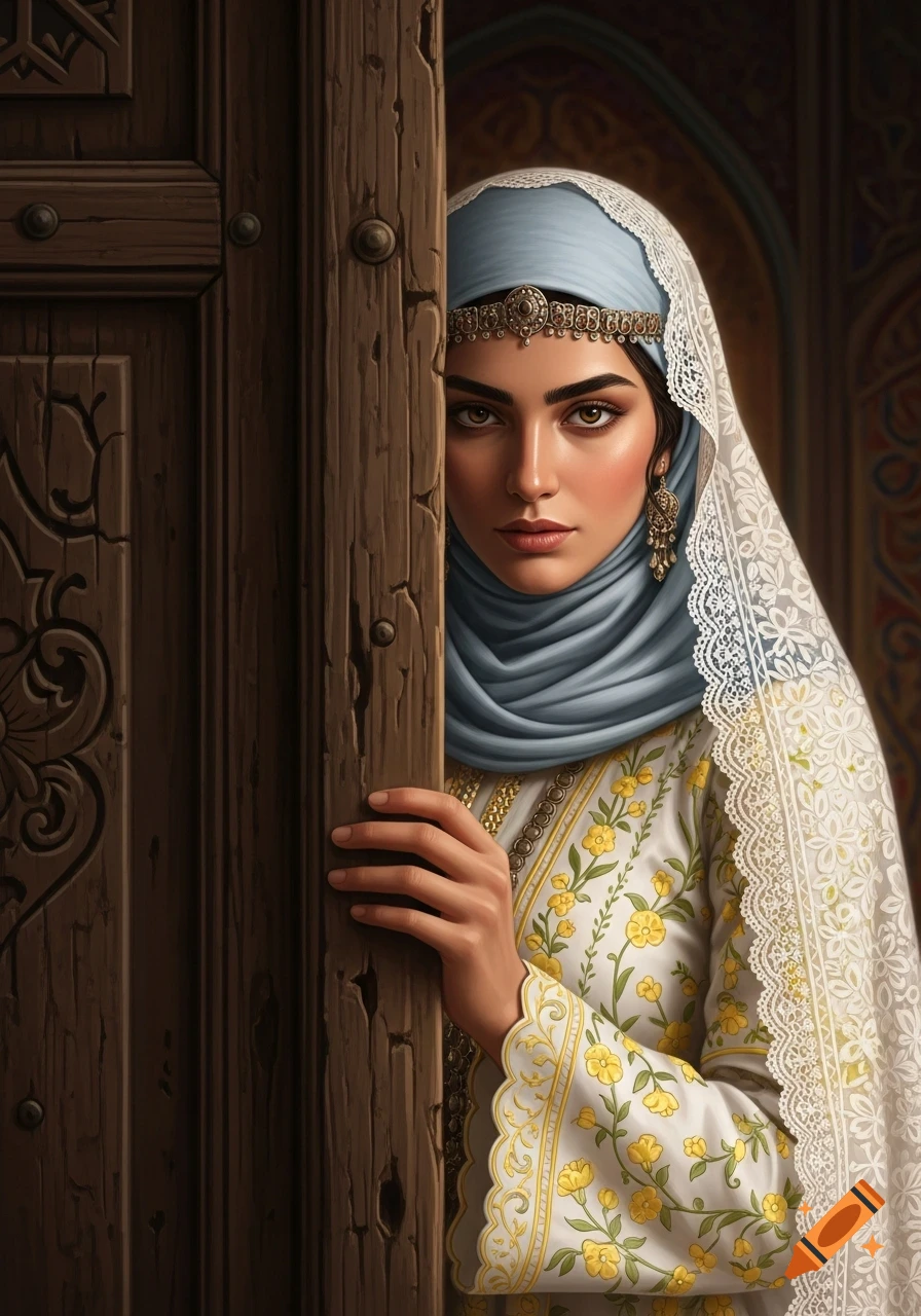 A hyper-realistic portrait of a woman in traditional 19th-century Iranian Qajar attire, peering from behind a wooden door.