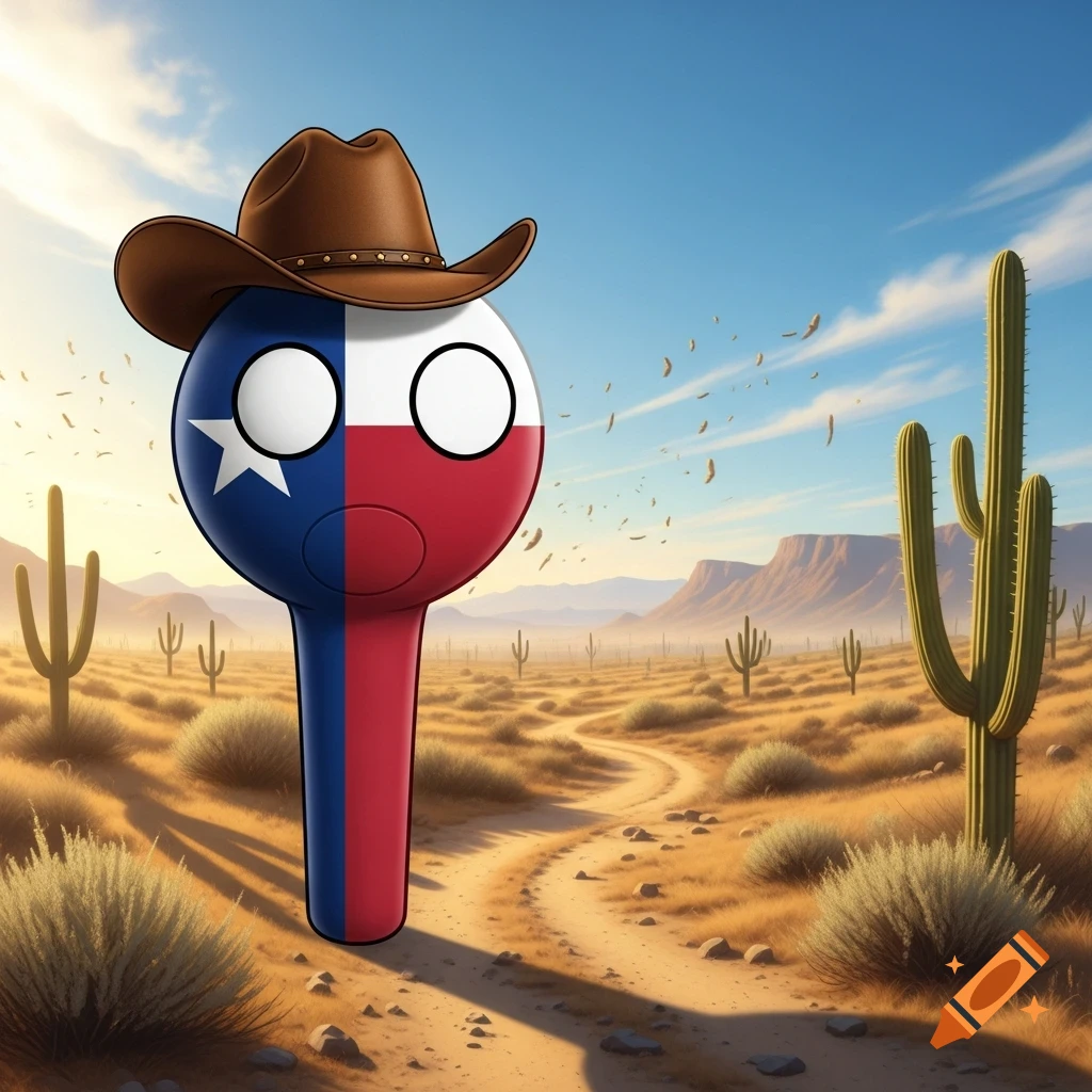 A cartoon character resembling the Texas flag, wearing a cowboy hat, stands in a sunny desert with cactuses.