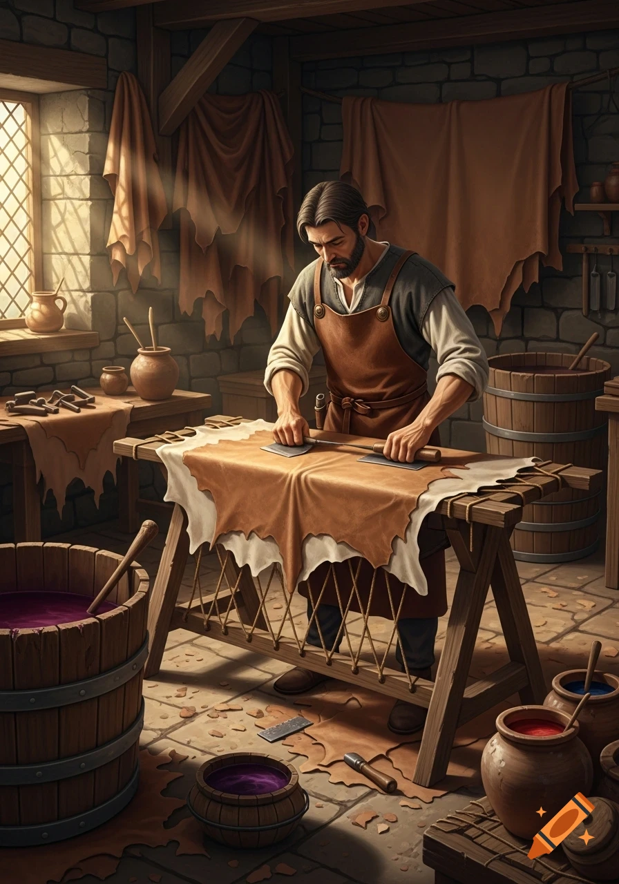 A bearded man in an apron works on leather in a rustic stone workshop, surrounded by hides, tools, and barrels.
