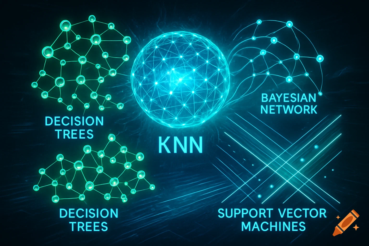 Abstract illustration of glowing network diagrams for Decision Trees, KNN, Bayesian Network, and Support Vector Machines algorithms.