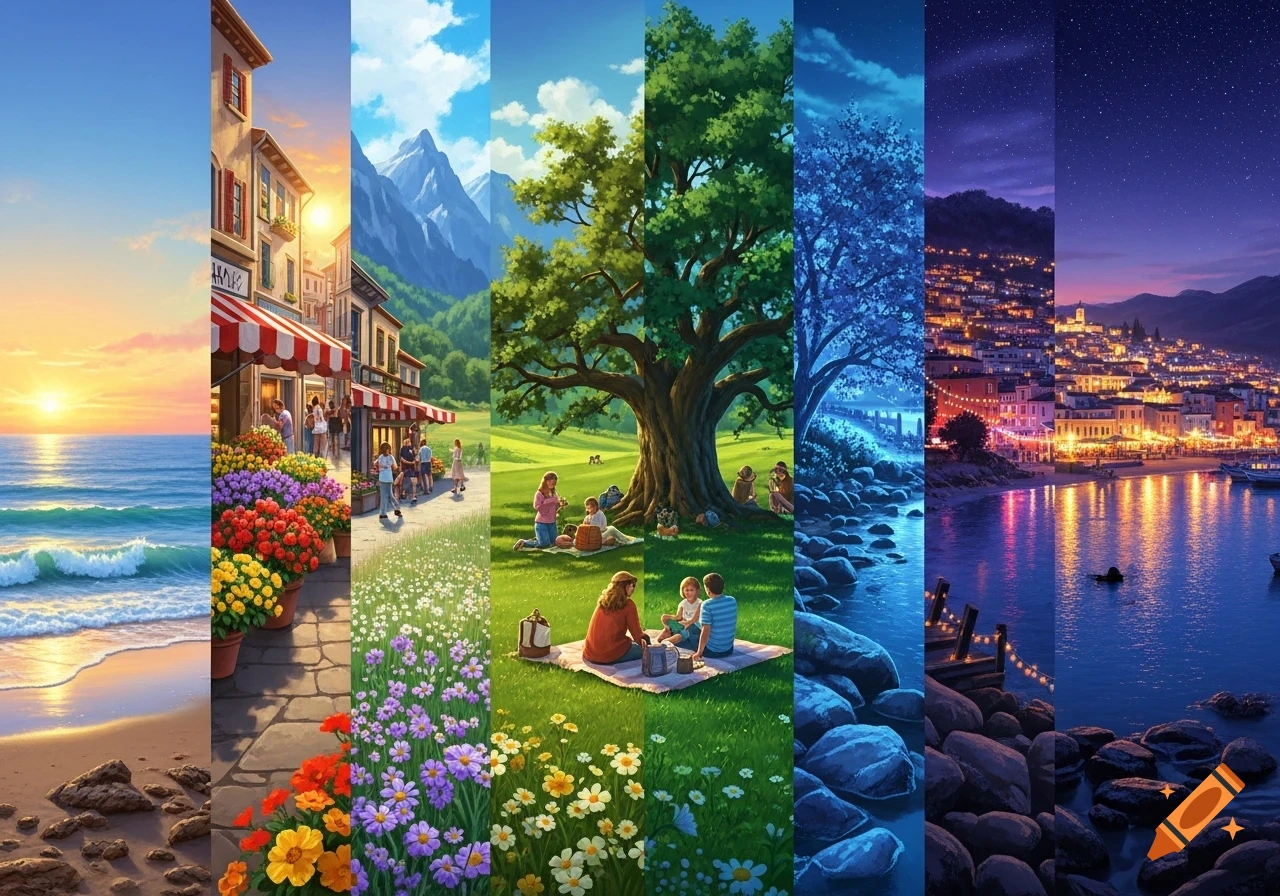 Vertical collage depicting various scenes: a beach at sunrise, a lively street with flowers, a park picnic, a blue-hued river, and a vibrant night cityscape.