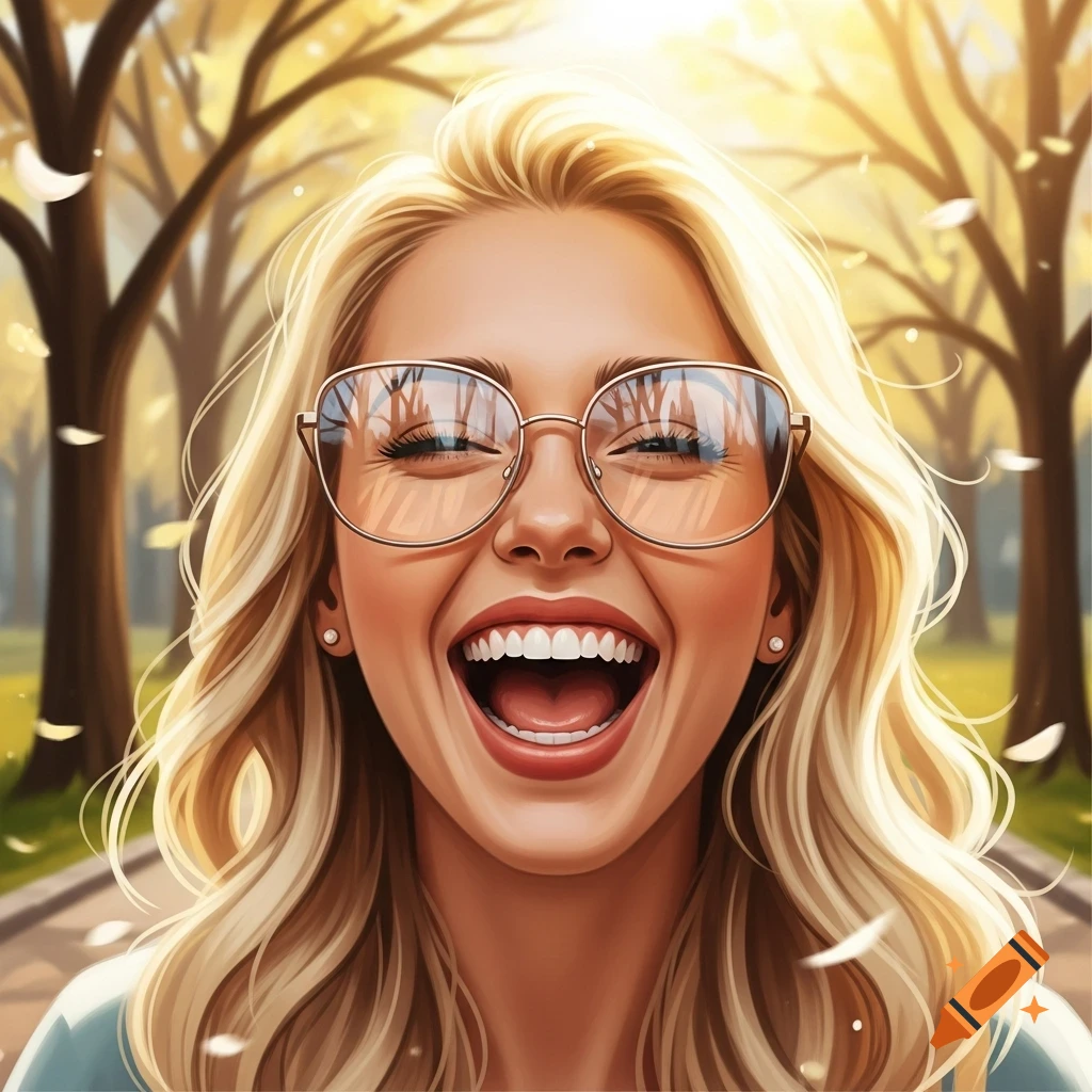 Blonde woman with glasses smiles widely outdoors, sunlit trees with golden leaves in the background.