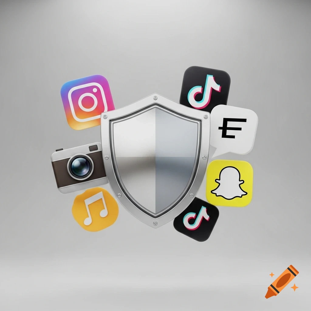 A silver shield surrounded by 3D social media app icons for Instagram, TikTok, Snapchat, a camera, and a music note, on a grey background.