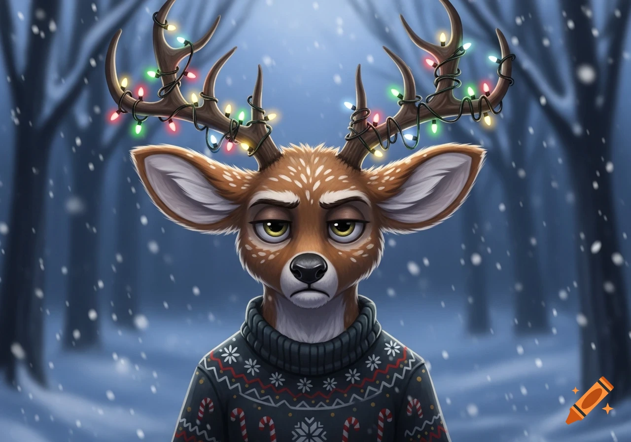 Grumpy deer furry in a Christmas sweater with holiday lights tangled in its antlers, standing in a snowy forest.
