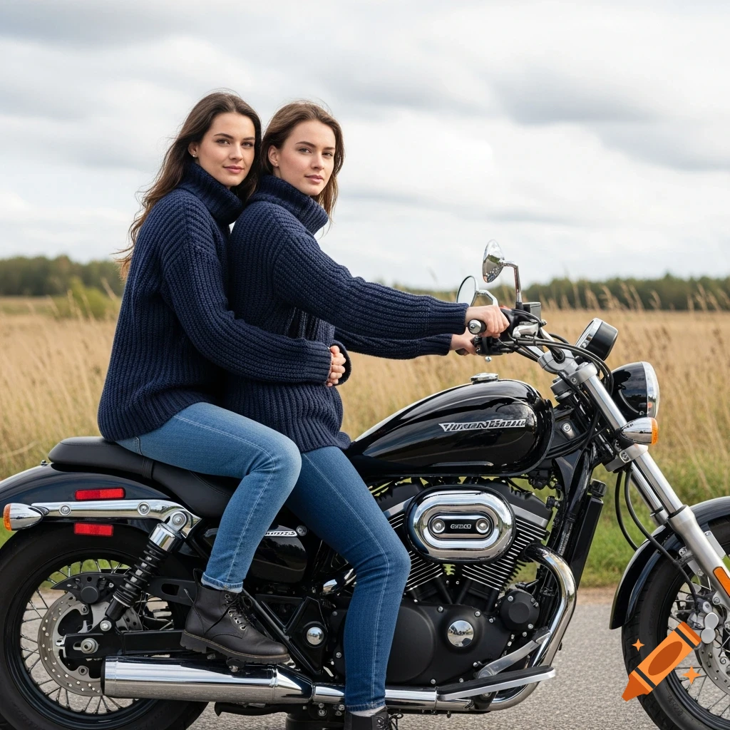 Two women in navy ribbed turtleneck sweaters and jeans ride a black motorcycle on an asphalt road next to a dry field.