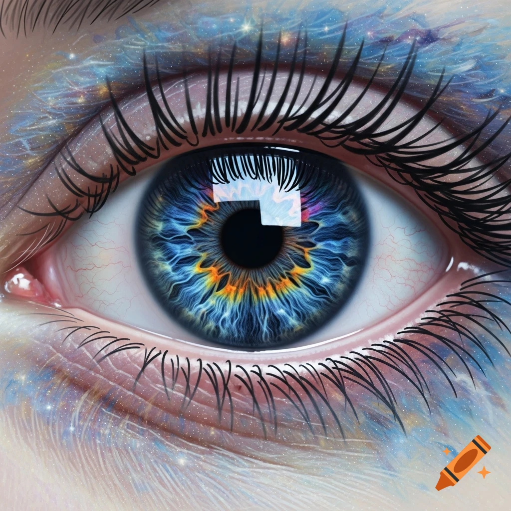 Close-up of a vibrant blue and orange cosmic eye with sparkling skin and long black eyelashes.