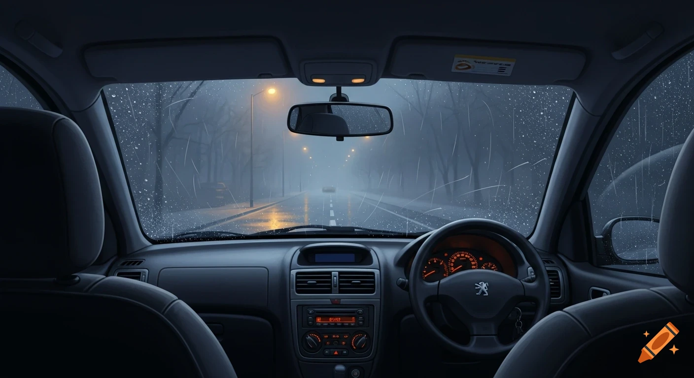 View from inside a modern Peugeot car on a rainy night, looking out the windshield at a street with illuminated streetlights.