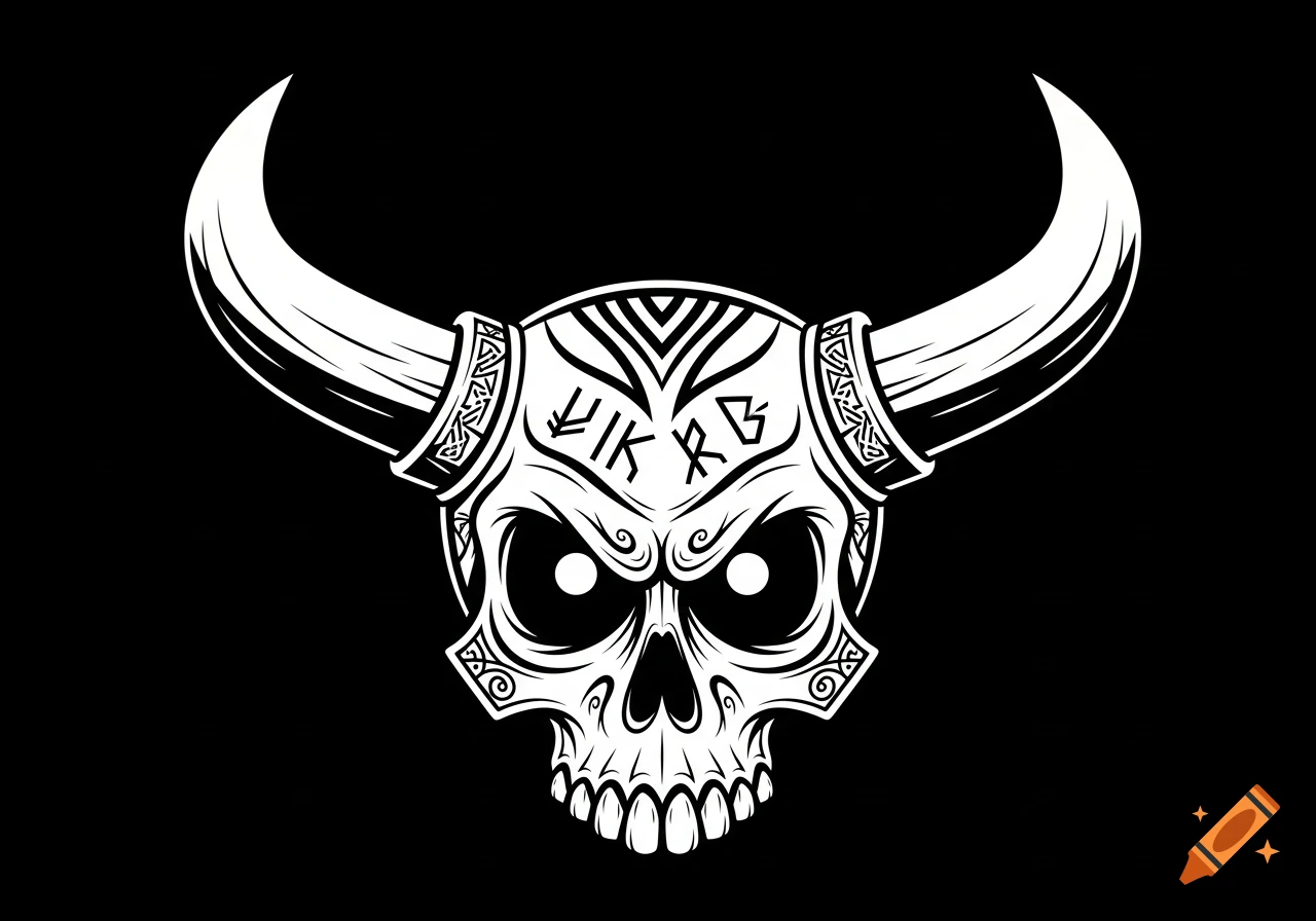 A cartoonish black and white viking skull with horns and decorative runes, set against a black background.