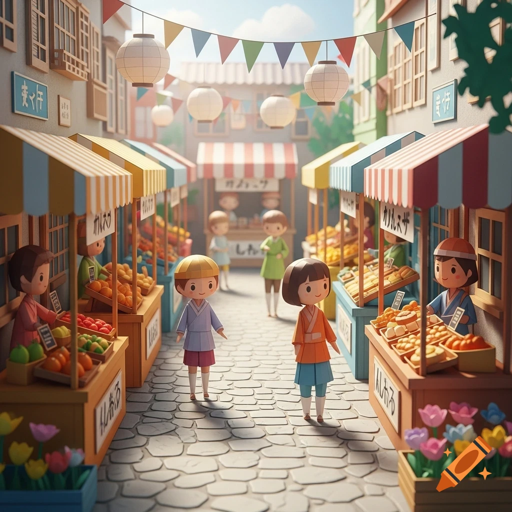 A charming papercraft-style street market scene with vendors and shoppers. Colorful stalls display fruits and baked goods, adorned with festive banners.