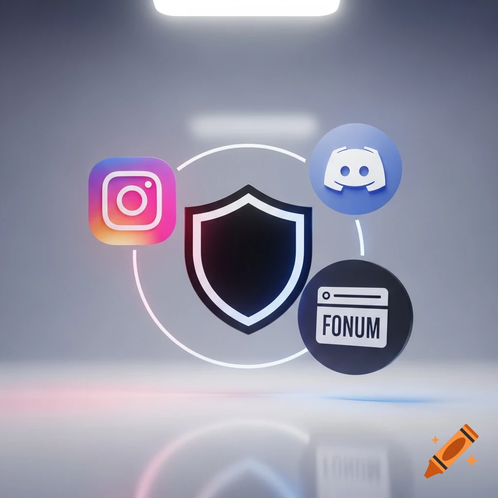 A 3D rendering of a black shield icon surrounded by Instagram, Discord, and a 'FONUM' forum icon, representing social media security.