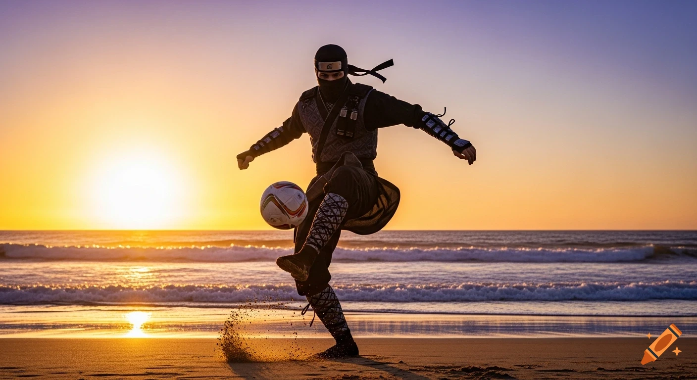 Photorealistic ninja in a tactical outfit juggling a soccer ball on a beach at sunset with ocean waves behind him.
