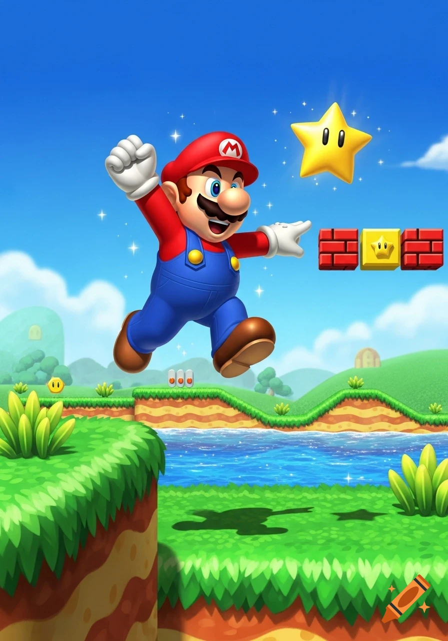 Mario jumps through a vibrant cartoon Super Mario level with a star and blocks.